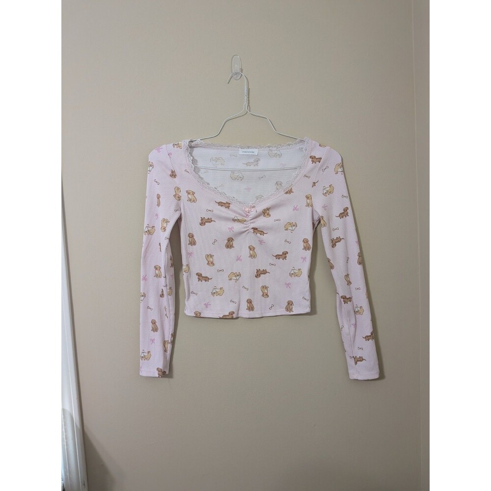 Pink Dog Print Pointelle Crop Top Lace Trim Girly Coquette Long Sleeve